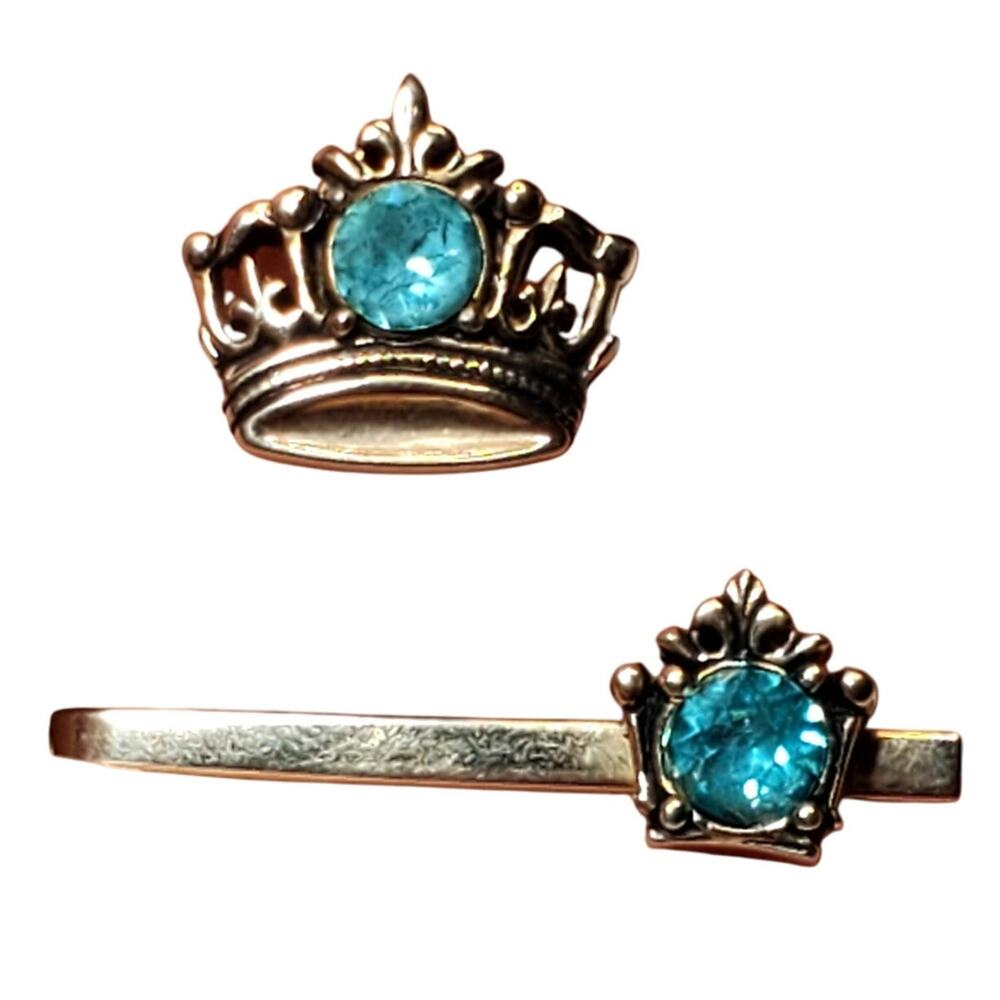 Silver Tone Light Blue Rhinestone Crown Cufflink Tie Clip Incomplete 1.5" Vtg